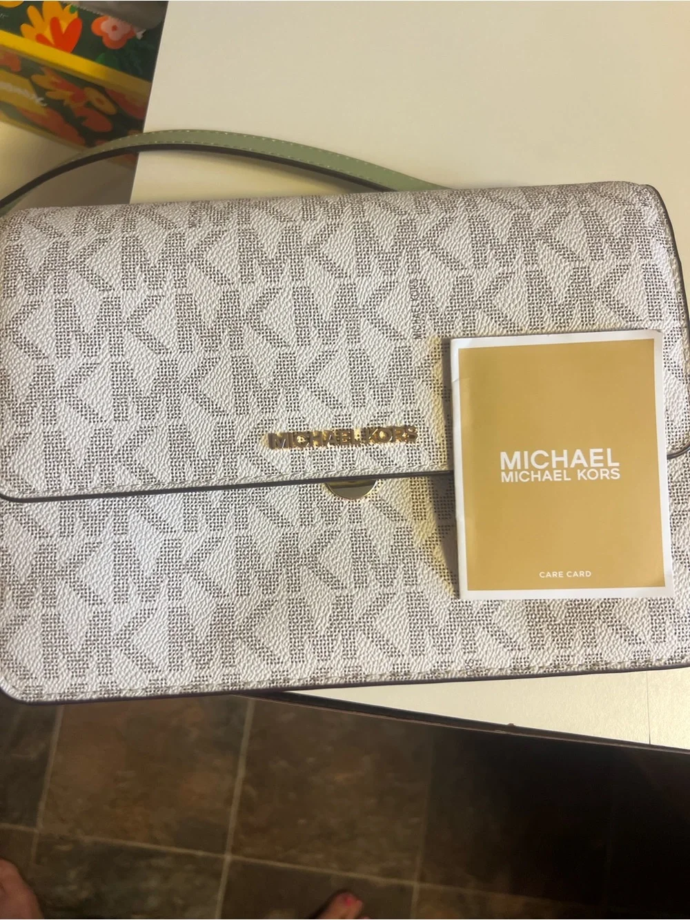 Michael Kors Cream Logo Crossbody Bag with Olive Strap